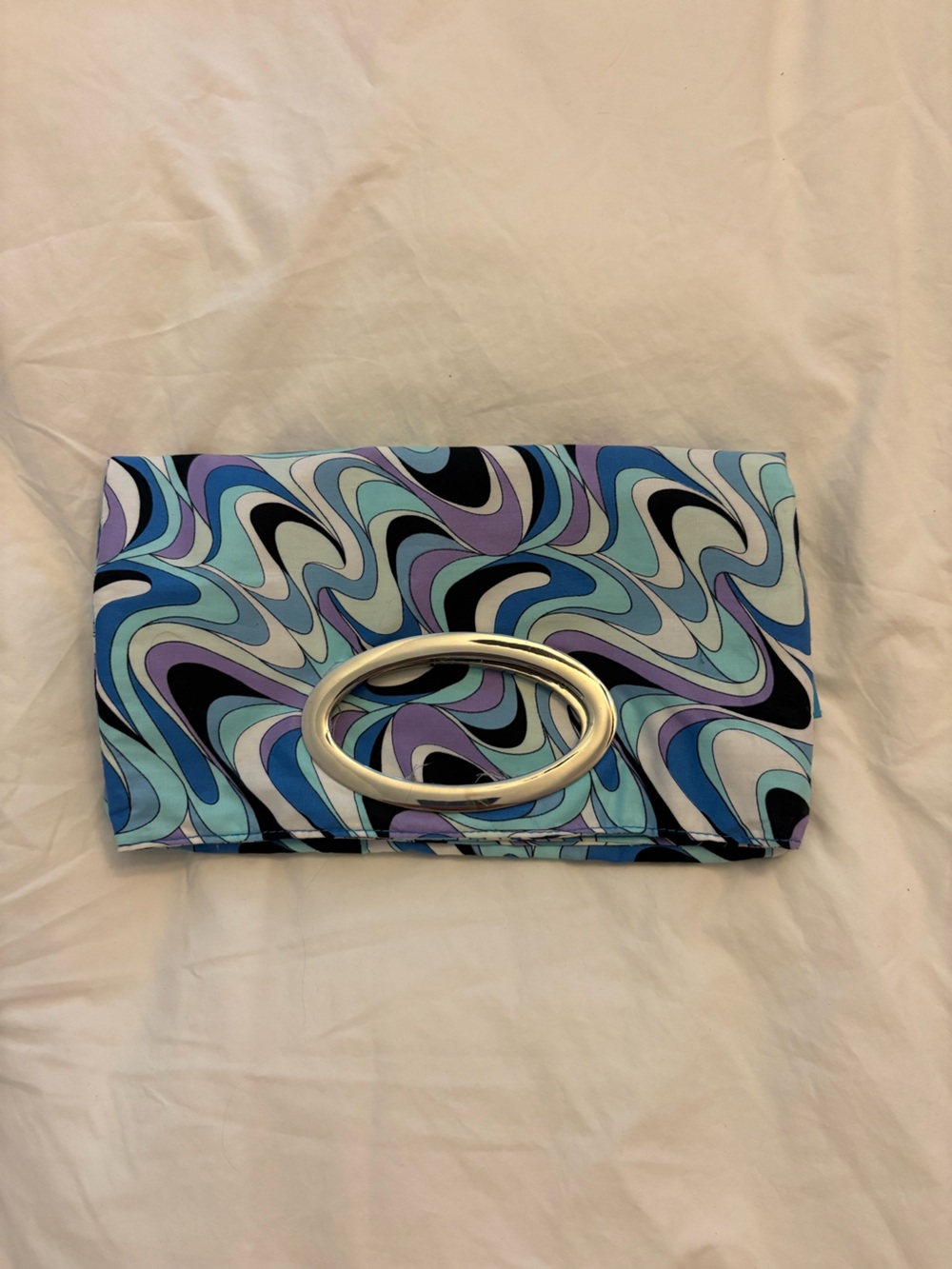 Vintage Swirl Print Oval-Handle Clutch in Blue & Lavender